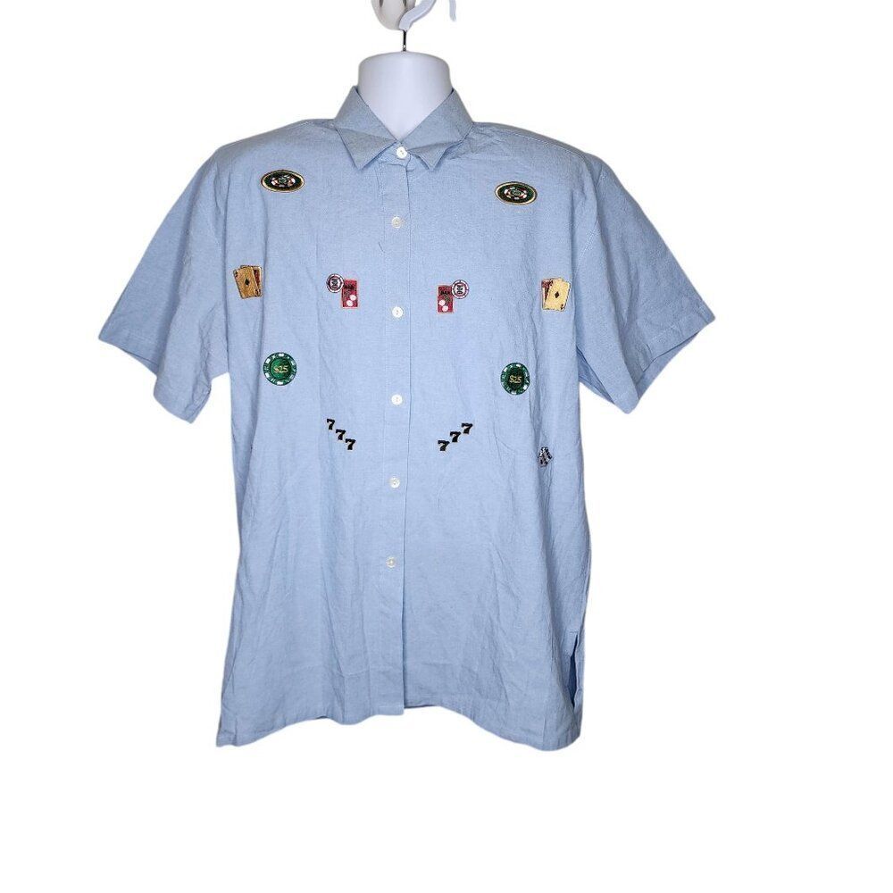 Vintage 80s Embroidered Poker Casino Short Sleeve Shirt Womens XL Blue NEW